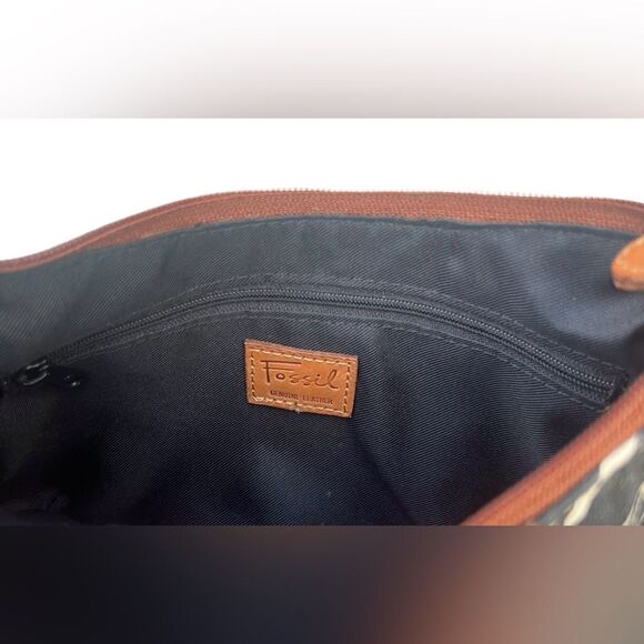 FOSSIL Black Cream Print Linen Canvas Leather Strap Hobo Shoulder Bag - Picture 4 of 7